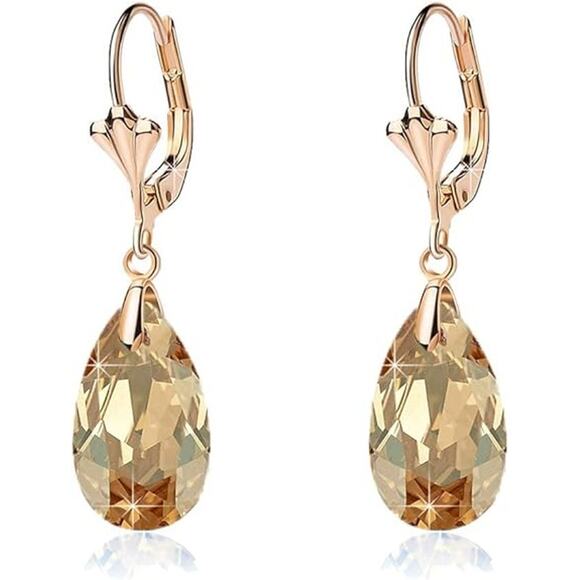 14K Gold Plated Austrian Crystal Teardrop Leverback Dangle Earrings for Women - Picture 1 of 5